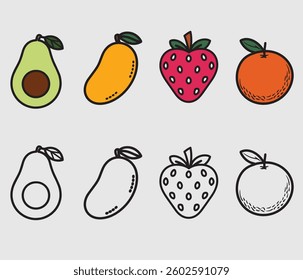Set of colorful fruit icons ,banana, apple, pear, strawberry, orange, watermelon, pineapple, papaya, grapes, cherry, lemon, mango, fruit icon for your website design, logo, app Vector illustration, 