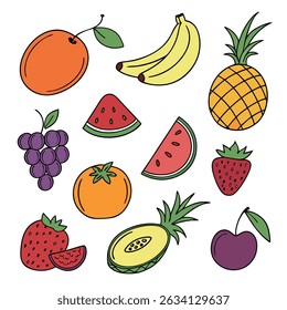 A set of colorful fruit icons featuring apples, bananas, and oranges, perfect for various design projects needing vibrant and cheerful imagery.