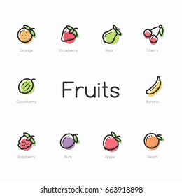 Set Of Colorful Fruit Icons Isolated On Light Background.