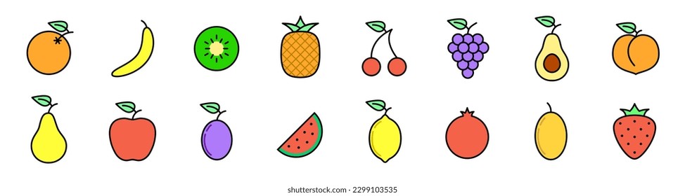 Set of colorful fruit icons orange, banana, kiwi, pineapple, cherry, grape, apple, lemon
