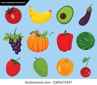 Set of colorful fruit icons, tomato, banana, avocado, eggplant, grapes, pumpkin, bell pepper, watermelon, strawberry, mango, orange, cherry