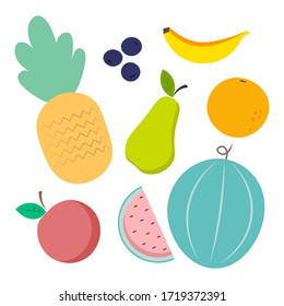 Set of colorful fruit icons. Tropical fruits. Vector illustration.