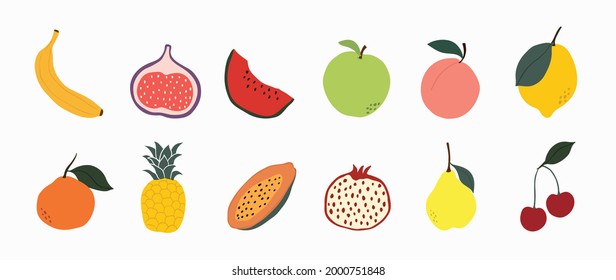 Set of colorful fruit icons vector. Hand drawn of banana, apple, pear, orange, peach, plum, watermelon, pineapple, papaya, grapes, cherry, lemon. Vector illustration, isolated on white.