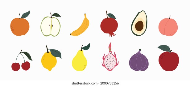 Set of colorful fruit icons vector. Hand drawn of banana, apple, pear, orange, peach, plum, watermelon, pineapple, papaya, grapes, cherry, lemon. Vector illustration, isolated on white.