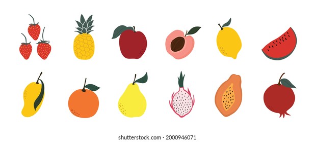 Set of colorful fruit icons vector. Hand drawn of banana, apple, pear, orange, peach, plum, watermelon, pineapple, papaya, grapes, cherry, lemon. Vector illustration, isolated on white.