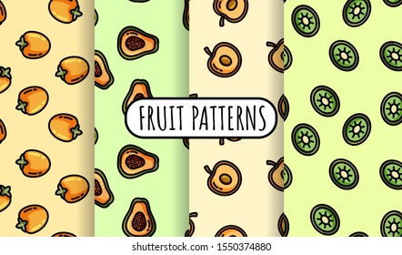 Set of colorful fruit seamless patterns. Flat design collection of texture tiles