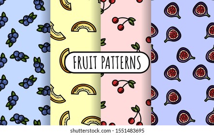 Set of colorful fruit seamless patterns. Flat design collection of texture tiles