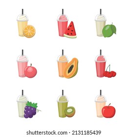 Set of colorful fruit smoothies with cream isolated on white background, sweet and sour delicious drink