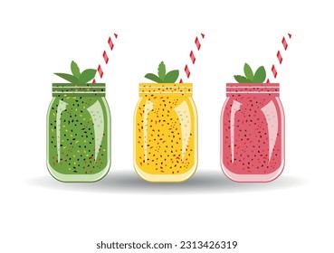 Set of colorful fruit smoothies on a white background.