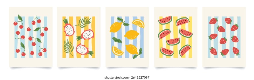 Set of colorful fruit summer poster. Modern print with hand drawn strawberry, lemon, cherry, dragon fruit and watermelon. Trendy design for wall decor, postcard, cover, packaging, t shirt.