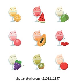 Set of colorful fruit sundaes with ice cream in glasses isolated on white background, sweet and sour delicious dessert or afternoon tea