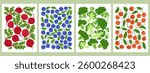 A set of colorful fruit and vegetable poster with beets, blueberries, broccoli, and cherries. A hand-drawn vector illustration perfect for organic food, vegan lifestyle, and farm market designs.