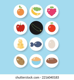 Conjunto de coloridos iconos de botón redondo de frutas y verduras para aplicar una nutrición saludable. Ilustración vectorial. Elementos web de esquema coloridos