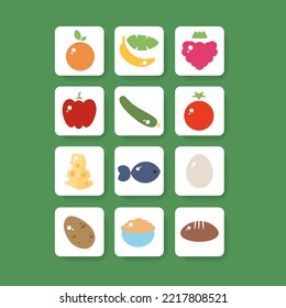 Set of colorful fruit and vegetable square button icons for app healthy nutrition. Vector illustration. Colorful outline web elements
