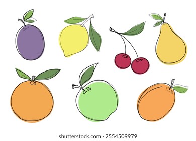 A set of colorful fruits apple, pear, orange, cherry, lemon, plum, apricot hand-drawn, vector, doodle. Line illustration with colored background, flat design. Decorative element for decoration, labels