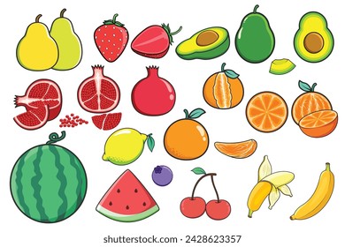 Set of colorful fruits Avocado, banana, pear, strawberry, orange, watermelon, cherry, lemon, pomegranate, blueberry. Whole and slices, freshness Fruity juicy Vector illustration, isolated on white
