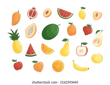 Set of colorful fruits and berries. Flat vector illustration isolated on white background