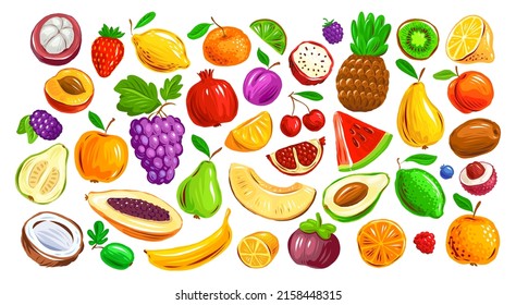 Set of colorful fruits and berries isolated on white background. Farm organic food vector illustration