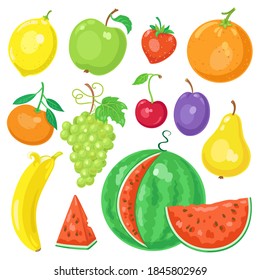 Set of colorful fruits and berries. Lemon, apple, strawberry, orange, tangerine, grape, cherry, plum, pear, banana, and watermelon. Isolated on white background. Vector flat illustration.