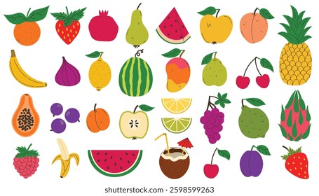 Set of colorful fruits and berries. Modern abstract minimal style. Natural tropical fruits collection. Cherry and apple, peach and lemon, banana and pomegranate, pineapple and fig.