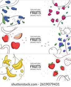 Conjunto de frutas coloridas e bagas. Estilo abstrato moderno frutos tropicais e locais cereja, maçã, pera, pêssego, banana, abacaxi, morango, framboesa, manga, mirtilo, melão. Ilustração vetorial 