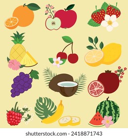 Set  colorful fruits and berries. Natural tropical fruits. Apple, peach, strawberry, banana, pomegranate, pineapple, pear, orange, strawberry, grape, cherry. Organic, vegan food illustration