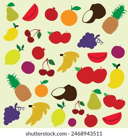 A set of colorful fruits and berries. organic fruits from the tropics. Apple, strawberry, banana, avocado, cherry, orange, watermelon, pineapple, pear, avocado and lemon. illustrator