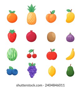 Conjunto de ilustraciones vectoriales de frutas y bayas coloridas. Naranja, Piña, Peach, Mango, Fresa, Pomegranada, Kiwi, Fig, Watermelon, Cherry, Apple, Banana, Blueberry, Uvas, Limón, Aguacate