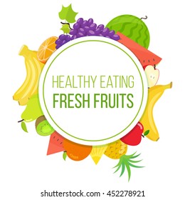 Set of colorful fruits in circle shape background. Template for packaging, cards, posters and eco food menu, healthy lifestyle. Vector stock illustration.