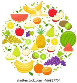 Set of colorful fruits in circle shape background. Template for packaging, cards, posters and eco food menu. Vector stock illustration.