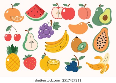 Set of colorful fruits collection. Natural organic fruits. Tropical fruits and berries. Orange, watermelon, avocado, pineapple, banana, kiwi, peach, cherry. 