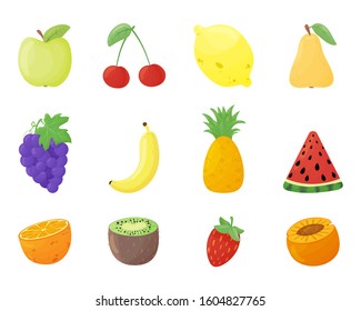 Set of colorful fruits. Cute collection in cartoon style. Flat vector illustration