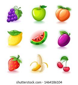 Set of colorful fruits - Glossy cherries, grapes, half-peeled banana, ripe strawberries, lemon, plum, watermelon, peach and green apple fruit icons isolated on white background isolated vector