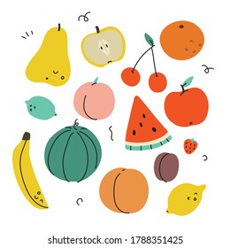 Set of colorful fruits.  Hand drawn vector flat illustration of healthy vegetarian food