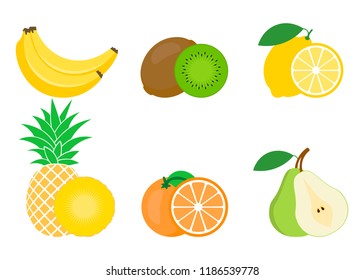 Set of colorful fruits icon: orange, pear, banana, lemon, pineapple, Kiwi. Vector illustration isolated on white.