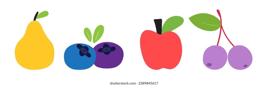 Set of colorful fruits. Isolated icons. pearl, blueberry, apple, cherry. Hand drawn design. Illustrations on white background.