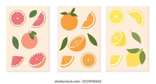 Conjunto de frutas coloridas isoladas em fundo bege. Toranja desenhada à mão, laranjas, limões. Coleção de frutas, arte de parede, cartazes. Design vetorial para impressão, mídia social, cartões postais, banner.