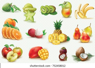 Set with colorful fruits on a transparent background. Realistic vector illustration