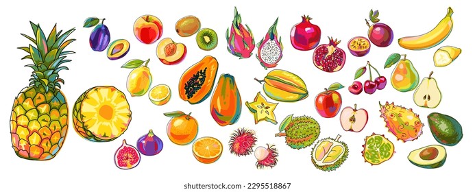 Conjunto de frutas coloridas. Piña, limón, naranja, higo, melocotón, papaya, pera, plátano, ciruela, kiwi, rambután, kiwano, fruta de la pasión, aguacate, cereza y otros. Estilo de caricatura aislado en blanco. Vector.