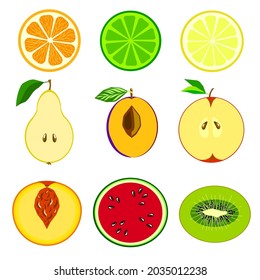 A set of colorful fruits in a section on a white background.Halves of orange, pear,lime, watermelon, apple,peach, kiwi, lemon, plum.Vector illustration can be used in textiles,juice packs,postcards.