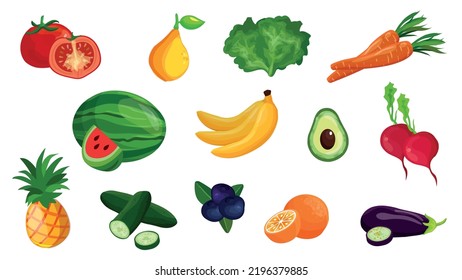 A set of colorful fruits and vegetables icons vector illustration. Healthy lifestyle concept. fruits and vegetables set. Fresh summer fruits and vegetables of greens.