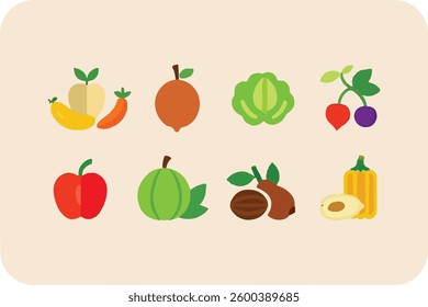 Set of colorful fruits and vegetables icons including apple, strawberry, pear, orange, cherry, banana, lemon, pineapple, watermelon, kiwi, plum, and more in a fresh, healthy design