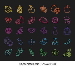 Set of colorful fruits and vegetables on a black background. Vector line icon