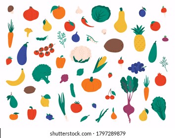 Set of colorful fruits and vegetables. Vector illustrations.