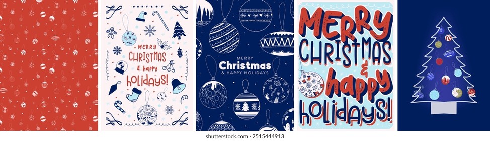 Set of Colorful and Fun Christmas Greeting Card Posters in blue and red color motif, with xmas decorative elements and hand drawn decorations.  Festive Merry Christmas Designs and backgrounds. Vector.