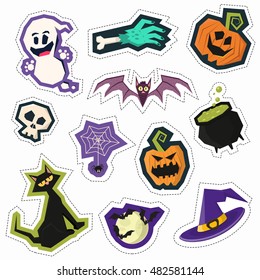 Set of colorful fun halloween party pin badges. Collection of bright vector cartoon hand drawn patches and stickers. Holiday embroidery best for denim, apparel, t-shirts, etc.
