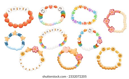 Conjunto de pulsera funky colorida de cuentas plásticas brillantes ilustración vectorial aislada en fondo blanco