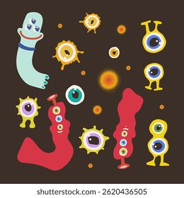 Set of colorful funny aliens and eyes. Vector illustration on a brown background