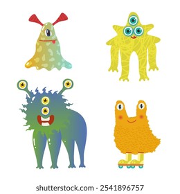 A set with colorful funny aliens. Vector illustration on a white background