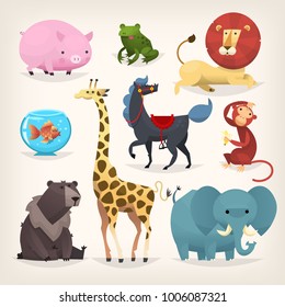 Set of colorful funny cartoon animals from a zoo. Isolated vector elements.